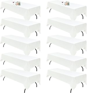 10Pack White Table Cloths for 8 Foot Rectangle Tables 60 x 126 Inch, 8FT White Tablecloth Rectangle Bulk Linen Polyester Fabric Washable Cloth Cover for Wedding Reception Banquet Birthday Party