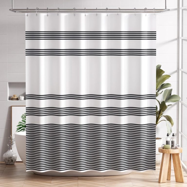 Shower Curtain, Washable Cloth Black Shower Curtain Sets with 12 Shower Curtain Hooks, Fabric Rustic Black and White Striped Curtain, Farmhouse Bathroom Curtains, 72×72 Inches