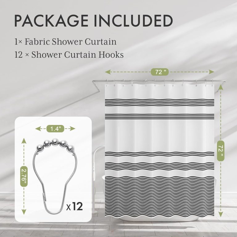 Shower Curtain, Washable Cloth Black Shower Curtain Sets with 12 Shower Curtain Hooks, Fabric Rustic Black and White Striped Curtain, Farmhouse Bathroom Curtains, 72×72 Inches