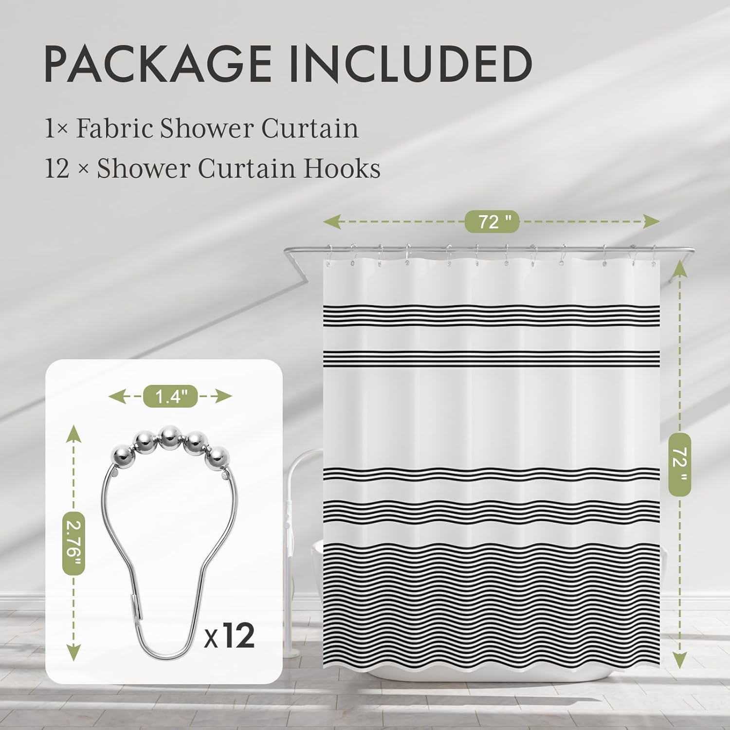 Shower Curtain, Washable Cloth Black Shower Curtain Sets with 12 Shower Curtain Hooks, Fabric Rustic Black and White Striped Curtain, Farmhouse Bathroom Curtains, 72×72 Inches
