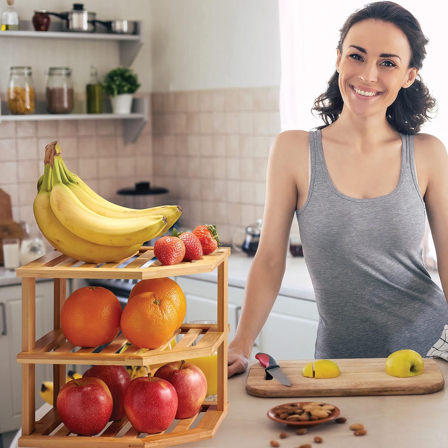 Cabinet Organizer Shelf – Bamboo Corner Rack for Kitchen Counter, Cabinet Space Saver for Plates, Dishes, Bowls, Bread – Pantry and Bathroom Storage or Countertop – Useful Home & Housewarming Gift