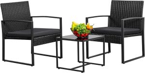Greesum 3 Piece Wicker Conversation Bistro Sets Outdoor Patio Set Modern Rattan Chair Furniture Sets with Coffee Table for Yard Garden Porch Lawn (Black)