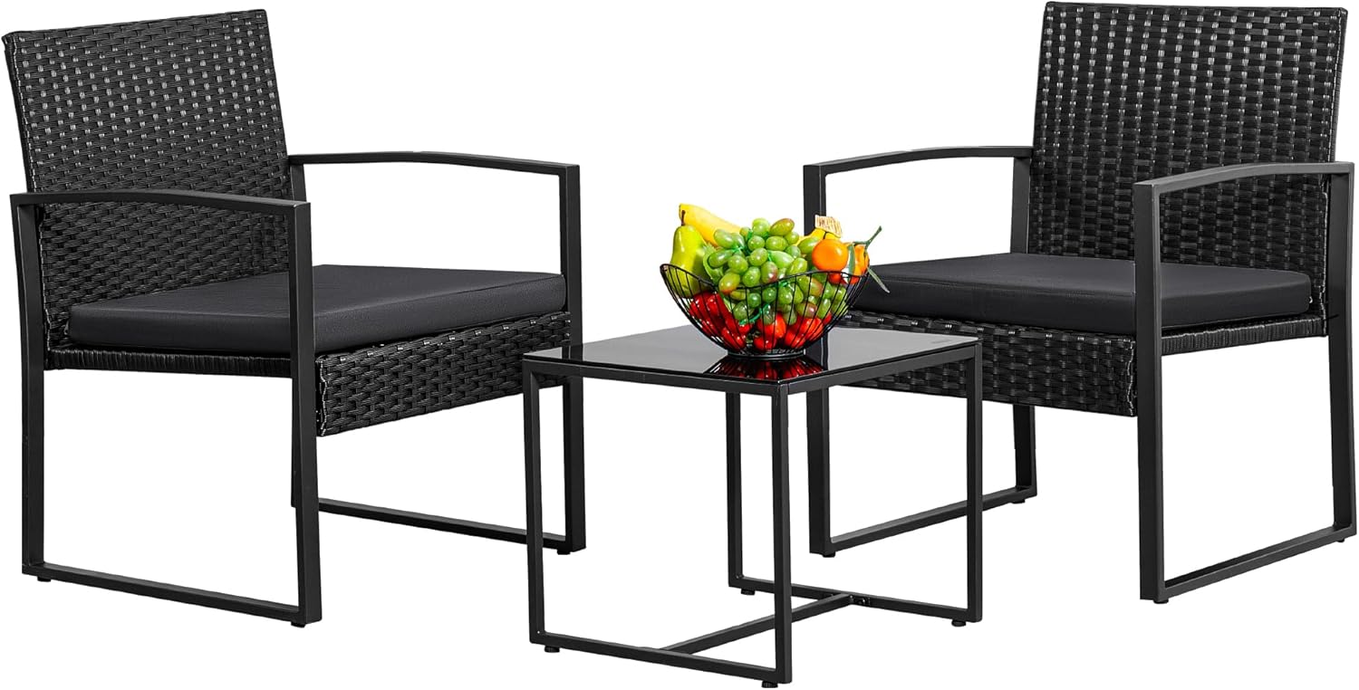 Greesum 3 Piece Wicker Conversation Bistro Sets Outdoor Patio Set Modern Rattan Chair Furniture Sets with Coffee Table for Yard Garden Porch Lawn (Black)