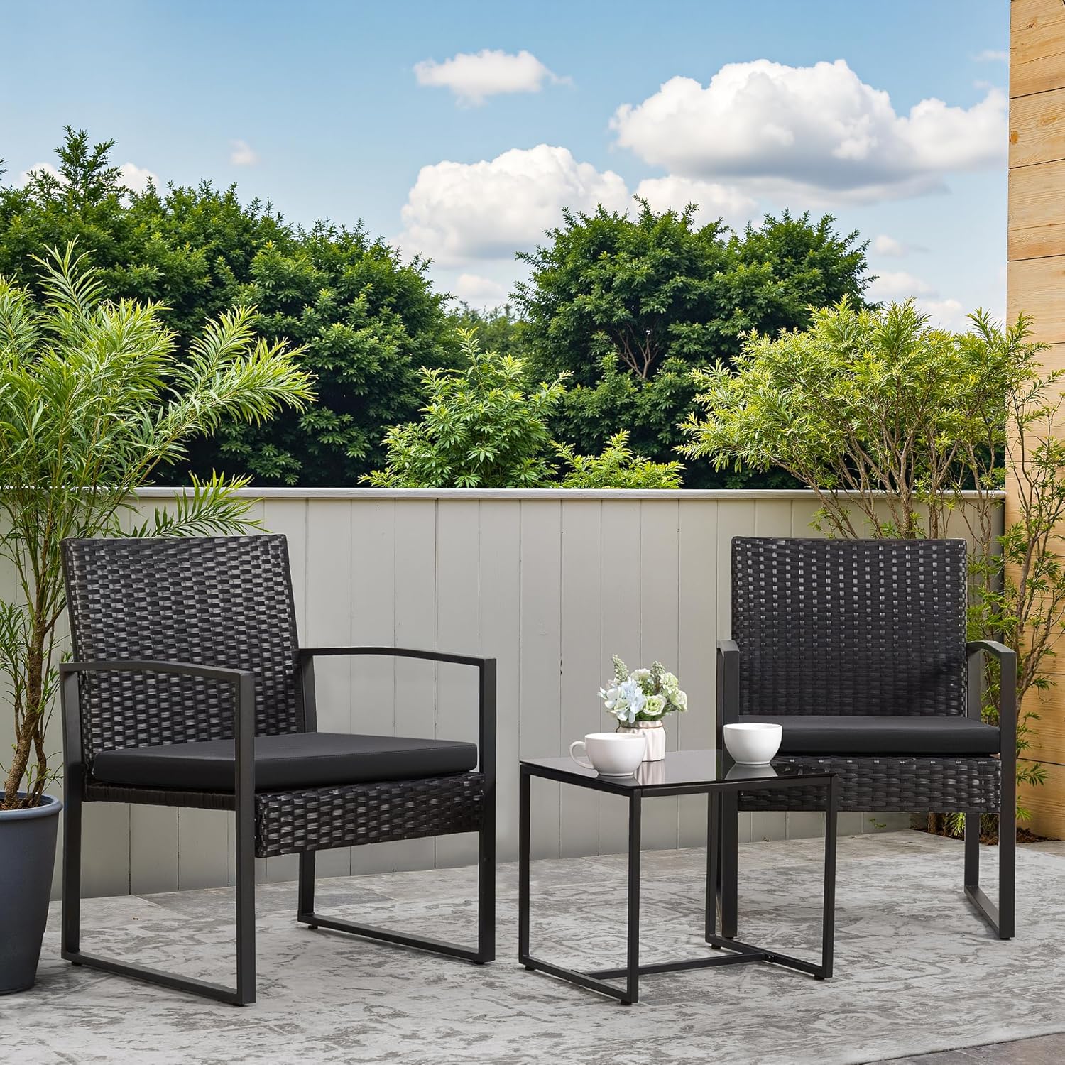 Greesum 3 Piece Wicker Conversation Bistro Sets Outdoor Patio Set Modern Rattan Chair Furniture Sets with Coffee Table for Yard Garden Porch Lawn (Black)