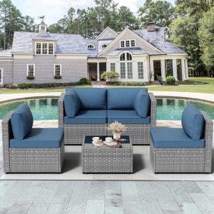 Shintenchi 5 Pieces Outdoor Patio Furniture Sets, Patio Sectional Sofa Couch, Gray PE Wicker Furniture Modular Patio Conversation Sets Patio Sofa with Washable Cushions & Table