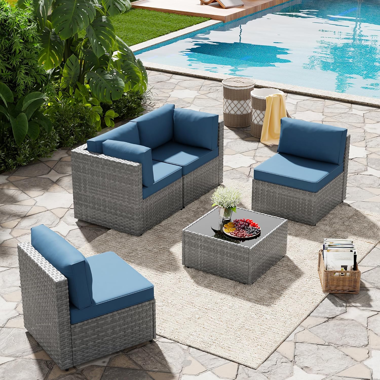Shintenchi 5 Pieces Outdoor Patio Furniture Sets, Patio Sectional Sofa Couch, Gray PE Wicker Furniture Modular Patio Conversation Sets Patio Sofa with Washable Cushions & Table